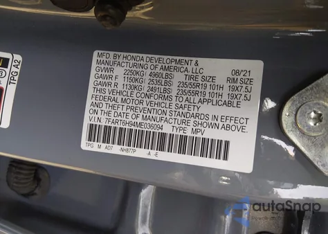2021 Honda Cr-V Hybrid Touring из США, поврежденный, VIN 7FART6H94ME036094